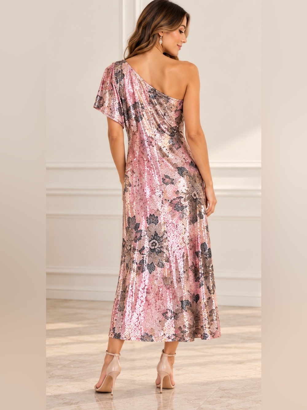 Porridge Clothing Pink Floral Sequin One Shoulder Maxi Dress XS - Picture 2 of 8